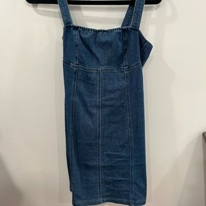 Denim mini dress with buckled open back